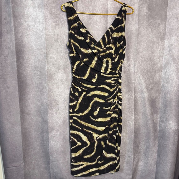Lauren Ralph Lauren Dresses & Skirts - Lauren Ralph Lauren Zebra Faux Wrap Ruched Dress Women Size 8 Brown Gold Safari